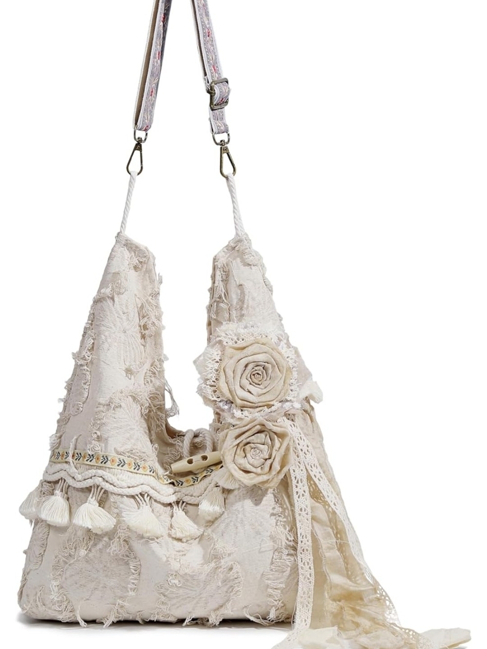 Cream Boho Floral Appliqué Hobo Bag